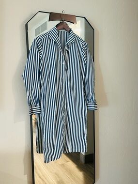 Blue & White Vertical Stripe Button-Down Shirt Dress